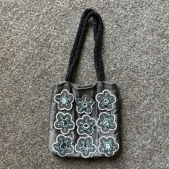 Beaded Flower Pattern Mini Handbag Purse Clutch Bag Blue Grey Velcro Closure - Picture 1 of 12